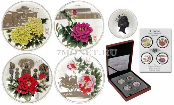 Острова Кука набор из 4-х монет 1 доллар 2008 год Пионы. Цветы небесной красоты.