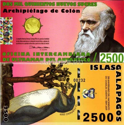 бона Галапагосские острова (Эквадор) 2500 новых сукре 2009 год пластик Чарльз...