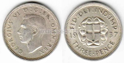 монета Великобритания 3 пенса 1937 год Георг VI