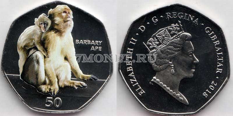 монета Гибралтар 50 пенсов 2018 год Берберская обезьяна