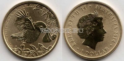 монета Австралия 1 доллар 2014 год С новорожденным!