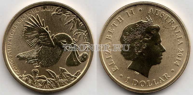 монета Австралия 1 доллар 2014 год С новорожденным!