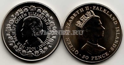 монета Фолклендские острова 50 пенсов 2001 год 75 лет Елизавете II
