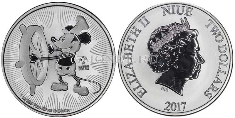 монета Ниуэ 2 доллара 2017 год Микки Маус, серебро