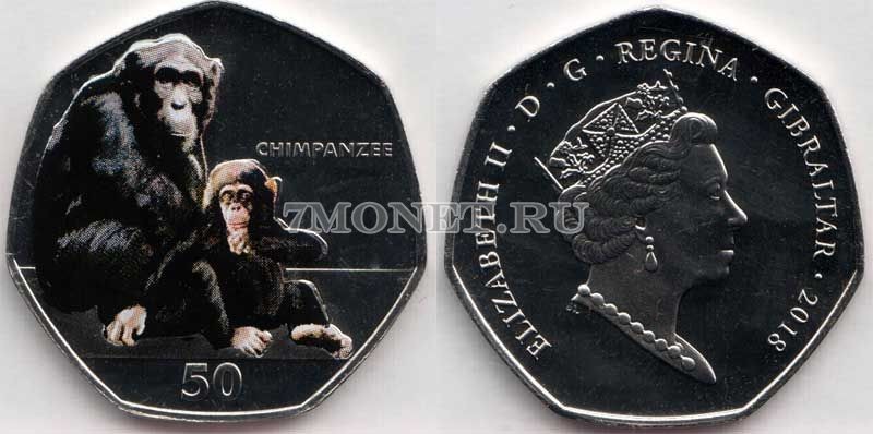 монета Гибралтар 50 пенсов 2018 год Шимпанзе