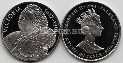 монета Фолклендские острова 50 пенсов 2001 год королева Великобритании  Виктория
