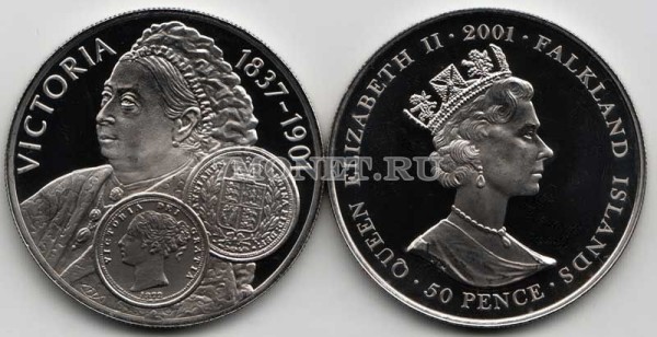 монета Фолклендские острова 50 пенсов 2001 год королева Великобритании  Виктория