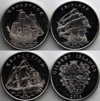 Острова Гилберта (Кирибати) набор из 3-х монет 1 доллар 2014 года "Знаменитые Парусники" Индевор, Тринидад, Резолюшн