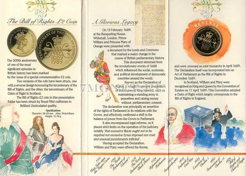монета Великобритания 2 фунта 1989 год 300-летие принятия Билля о правах 1689 в буклете