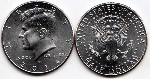монета США 1/2 доллара 2014Р год Кеннеди
