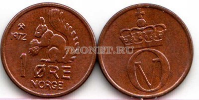 монета Норвегия 1 эре 1972 год Белка