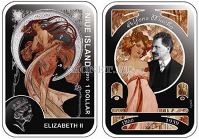 монета Ниуэ 1 доллар 2010 год Альфонс Муха «Танец»