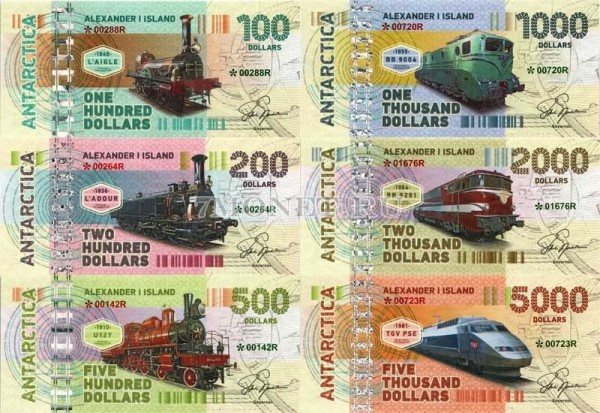 Остров Земля Александра I набор из 6-ти банкнот 2017 год Поезда и станции