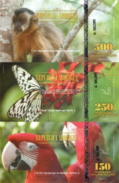 Республика Абориген набор из 3-х банкнот 150000, 250000, 500000 долларов 2014 год Красный попугай, Бабочка Бумажный змей,Черно-Полосатый Капуцин. Неразрезанный лист
