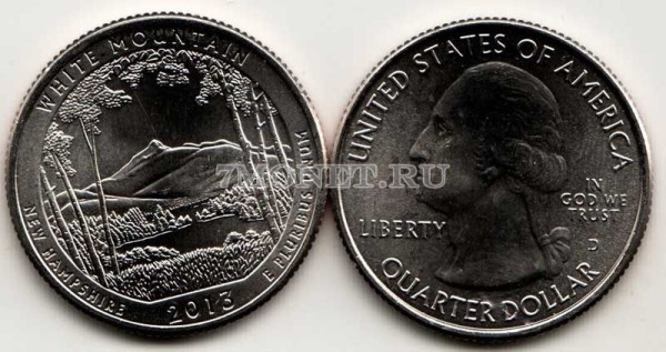 США 25 центов 2013 год штат Нью-Гэмпшир Национальный лес «Белые горы», 16-й