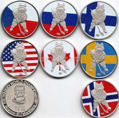 набор из 7-ми жетонов "Чемпионат мира по хоккею в Москве и Санкт-Петербу...