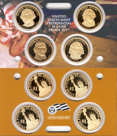 США набор из 4-х монет 1 доллар 2007 Президенты PROOF