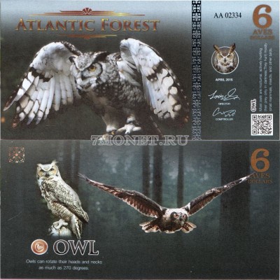 бона Атлантический лес (Южной Америки) 6 долларов 2016 год Сова