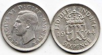 монета Великобритания 6 пенсов 1944 год Георг VI