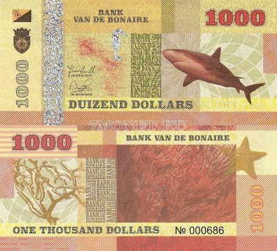 банкнота Бонайре 1000 долларов 2015 год Акула