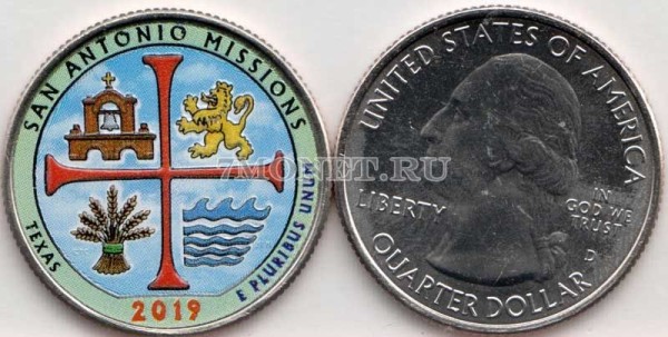 США 25 центов 2019 год Техас Национальный Исторический Парк Миссии Сан-Антонио, 49-й, эмаль 
