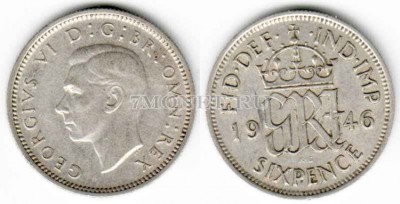 монета Великобритания 6 пенсов 1946 год Георг VI