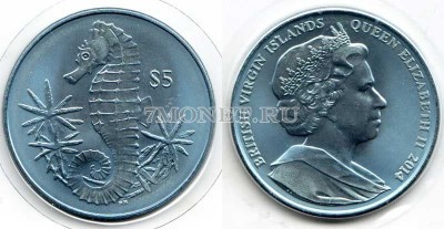 монета Виргинские острова 5 долларов 2014 год морской конек, титан