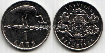 монета Латвия 1 лат 2001 год Аист