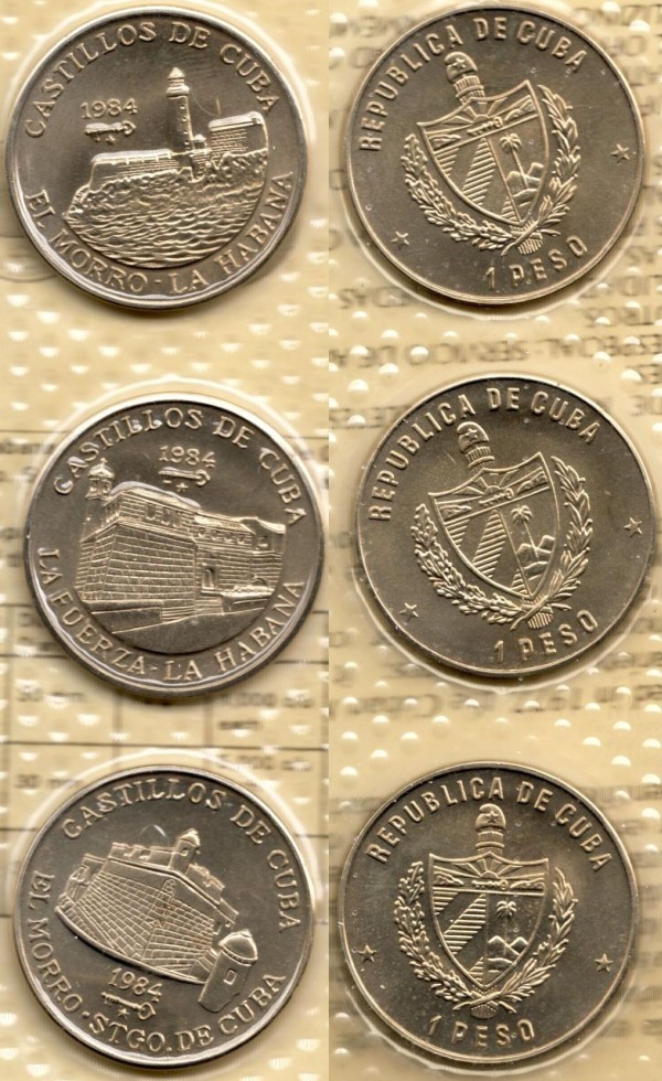 Куба набор из 3-х монет 1 песо 1984 год "Крепости Кубы: Эль Морра, Эль Морра в Сантьяго де Куба, Фуэрза"