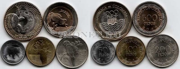 Колумбия набор из 5-ти монет 2012 год