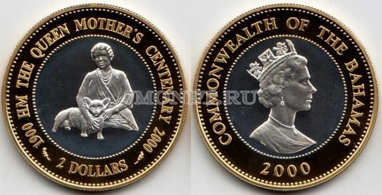 монета Багамы 2 доллара 2000 год 100-летие королевы-матери PROOF