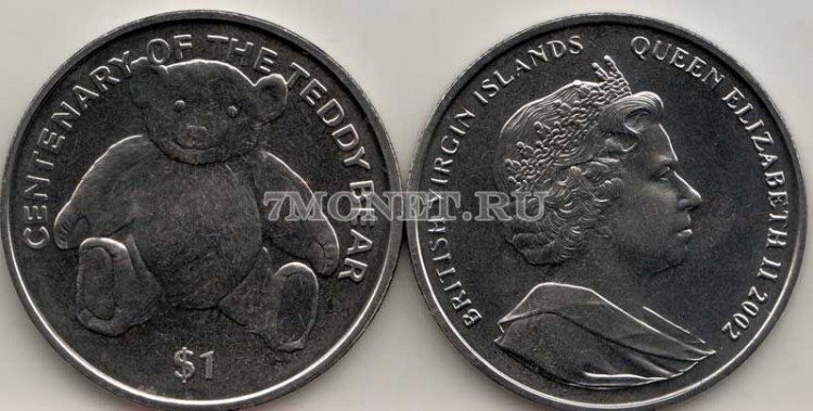 монета Виргинские острова 1 доллар 2002 год 100 лет плюшевому мишке Тедди