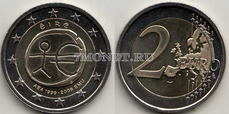 монета Ирландия 2 евро 2009 год 10 лет евро