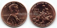 монета США 1 цент 2009 год становление в штате Индиана (1816-1830) 200-летие со дня рождения президента Авраама Линкольна и 100-летие первого выпуска цента Линкольна