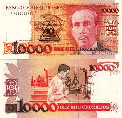 бона Бразилия 10 новых крузадо 1990 год на 10000 крузадо 1989 год