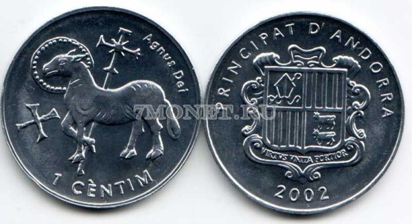 монета Андорра 1 сентим 2002 год Агнец
