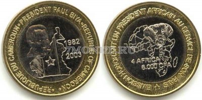 монета Камерун 6000 франков КФА (4 африка) 2003 год Поль Бийя