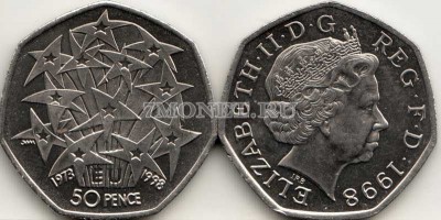 монета Великобритания 50 пенсов 1998 год 25 лет присоединению к ЕС