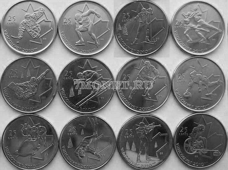 Канада набор из 12-ти монет 25 центов 2007 - 2009 гг. 