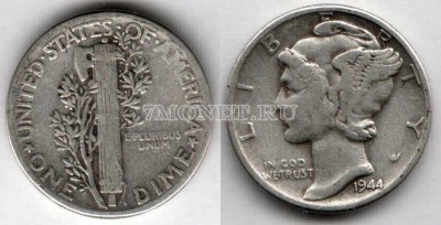 монета США 10 центов (дайм) 1944 год Меркурий
