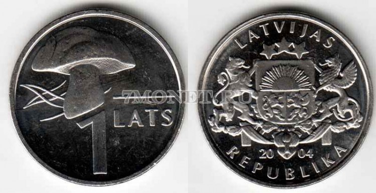 монета Латвия 1 лат 2004 год гриб
