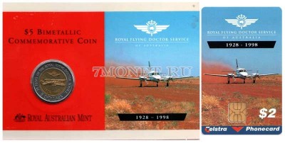 монета Австралия 5 долларов 1998 год 70 лет Королевской службе летающих докто...