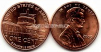 монета США 1 цент 2009 года президентство в Вашингтоне (1861-1865) 200-летие со дня рождения президента Авраама Линкольна и 100-летие первого выпуска цента Линкольна