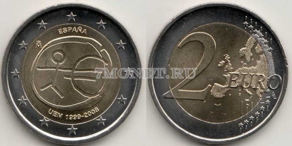монета Испания 2 евро 2009 год 10 лет евро