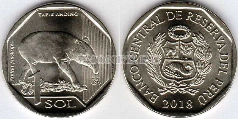 монета Перу 1 новый соль 2018 год серия Фауна Перу - Горный тапир