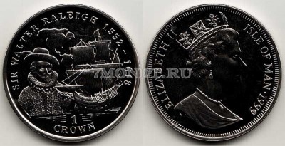монета Остров Мэн 1 крона 1999 год сэр Уолтер Рэли