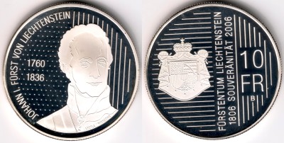 Монета Лихтенштейн 10 франков 2006 год 200 лет Суверенитету