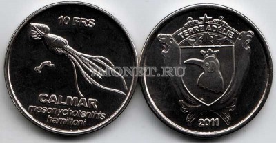монета Земля Адели  10 франков 2011 год Колоссальный кальмар или мезонихотевтис