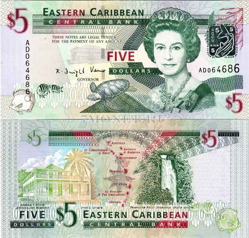 бона Восточные Карибы 5 долларов 2008 год