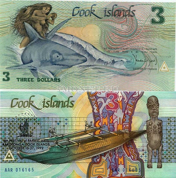 бона Острова Кука 3 доллара 1992 год VI Фестиваль Тихоокеанского Искусства